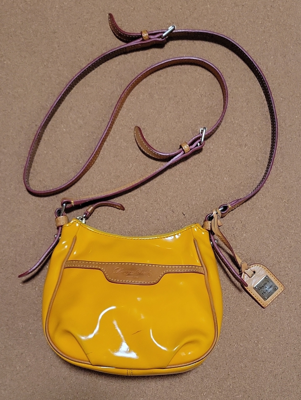 Dooney & Bourke Yellow Patent Crossbody Bag with Tan Trim
